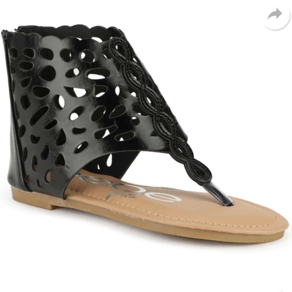 NWT BEBE GIRLS Shiny Black Perforated Cut Out Gladiator Goddess Bootie Sandals - Picture 4 of 9